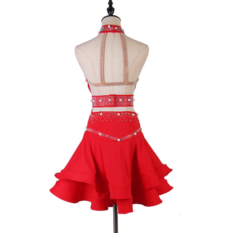 Red pearl stud latin dance dress rear view showing the open back banding