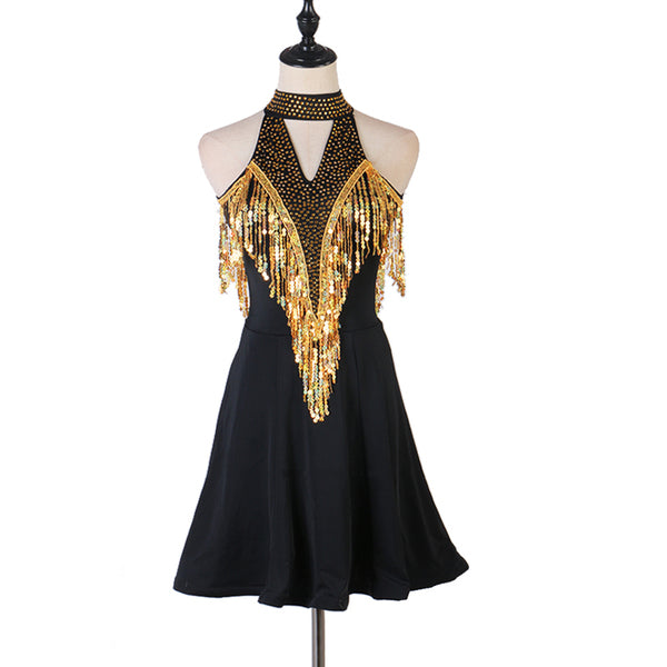 Black latin dance dress with gold sequin fringe V and studded halter collar
