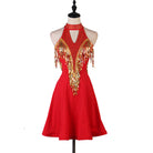 Red latin dance dress with gold sequin fringe and keyhole halter collar