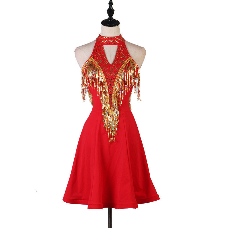 Red latin dance dress with gold sequin fringe and keyhole halter collar