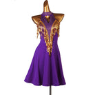 Purple latin dance dress with gold sequin fringe V and flared skirt