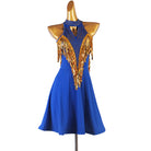 Blue latin dance dress with gold sequin fringe and studded collar