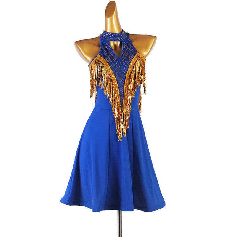 Blue latin dance dress with gold sequin fringe and studded collar