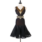 Black latin dance dress with hand hung gold bead fringe and studded waist belt