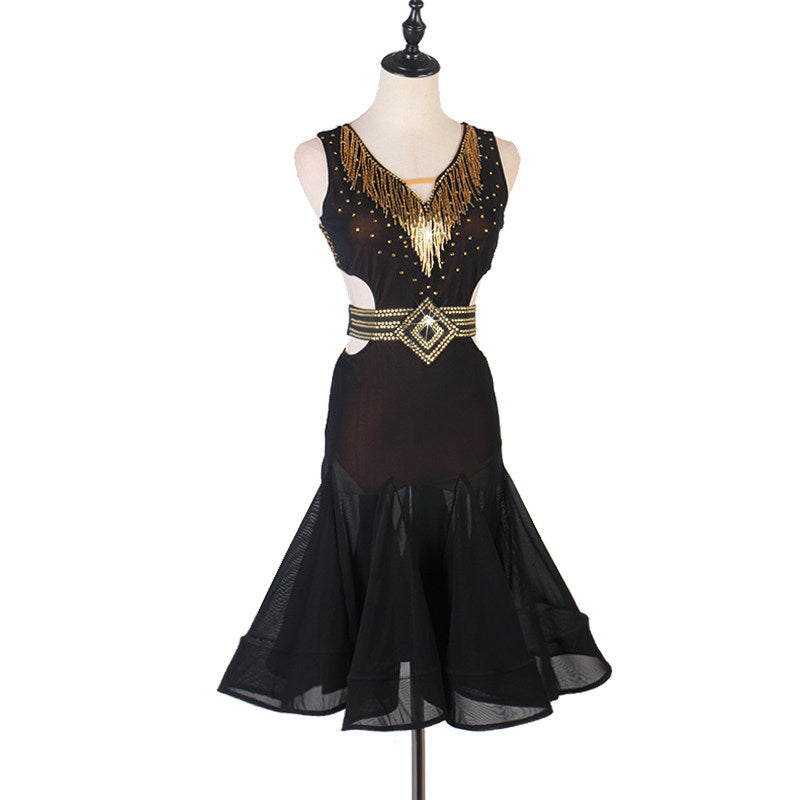 Black beaded latin dance dress angled view showing the sheer mesh midriff