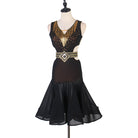Black beaded latin dance dress side view with the flared chiffon skirt