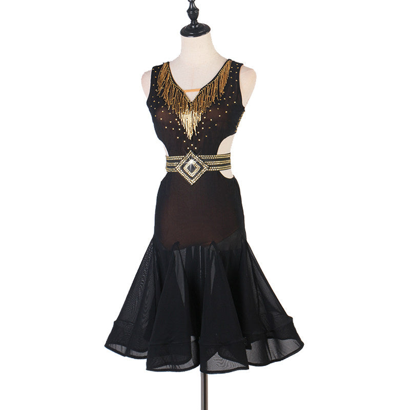 Black beaded latin dance dress side view with the flared chiffon skirt