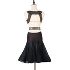 Black beaded latin dance dress rear view showing the open back and belt