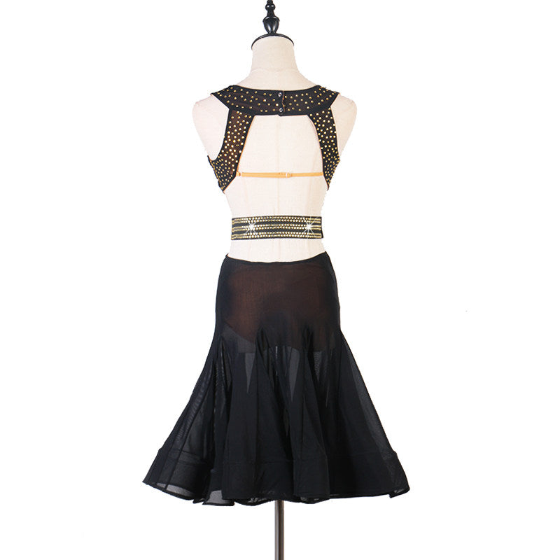 Black beaded latin dance dress rear view showing the open back and belt