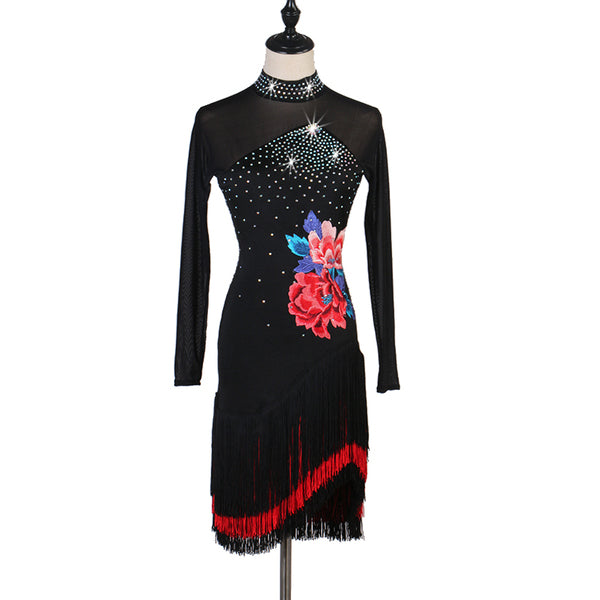 Black latin dance dress with embroidered peony at the hip and red fringe hem