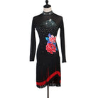 Black latin dance dress front view showing the stoned collar and crystal scatter