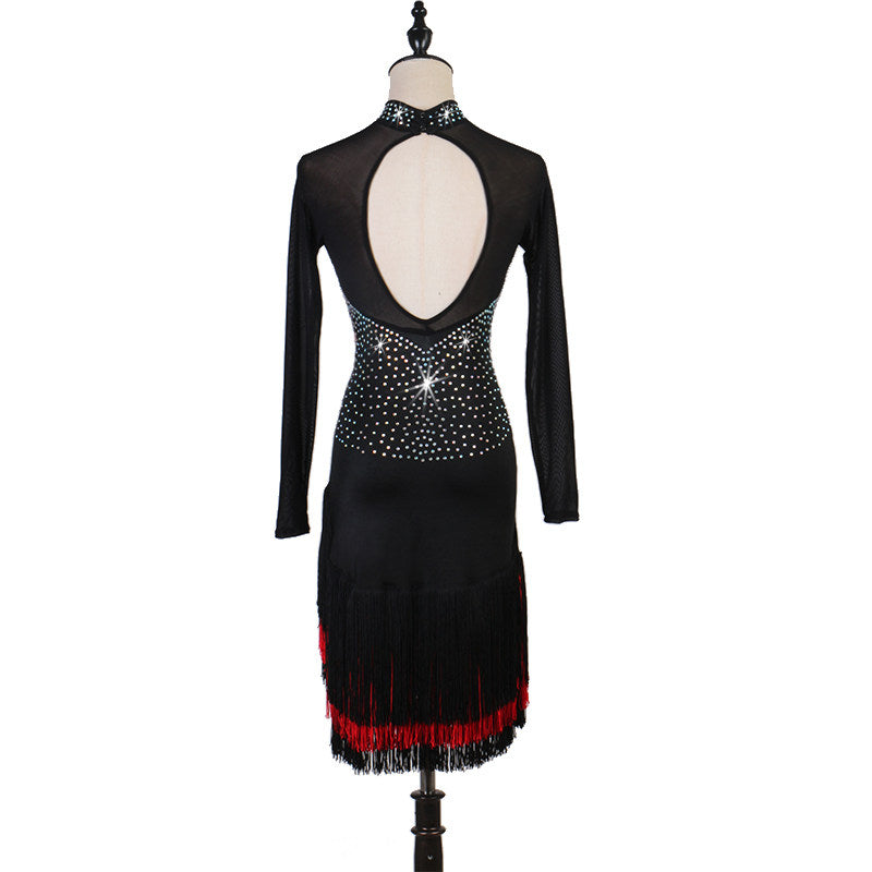Black latin dance dress rear view showing the open teardrop back