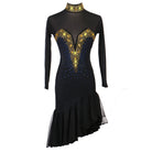 Black latin dance dress with gold studded collar, crystal V bodice and asymmetric ruffle