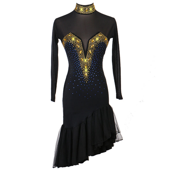 Black latin dance dress with gold studded collar, crystal V bodice and asymmetric ruffle