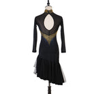 Black latin dance dress rear view showing the keyhole back under the gold collar