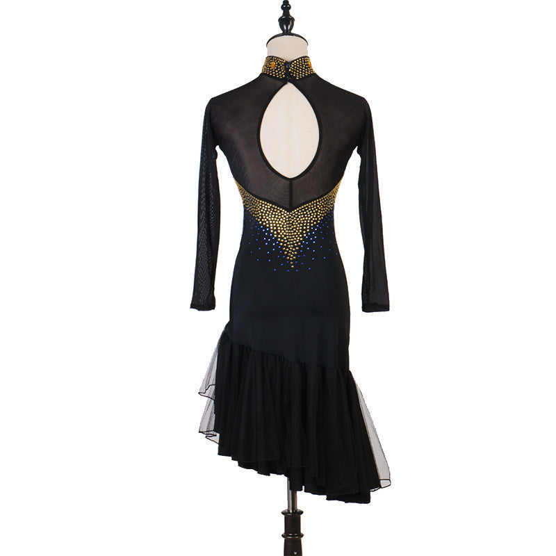 Black latin dance dress rear view showing the keyhole back under the gold collar