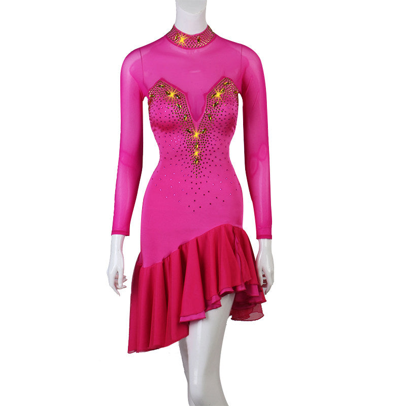 Rose red latin dance dress with gold studded collar and crystal V motif