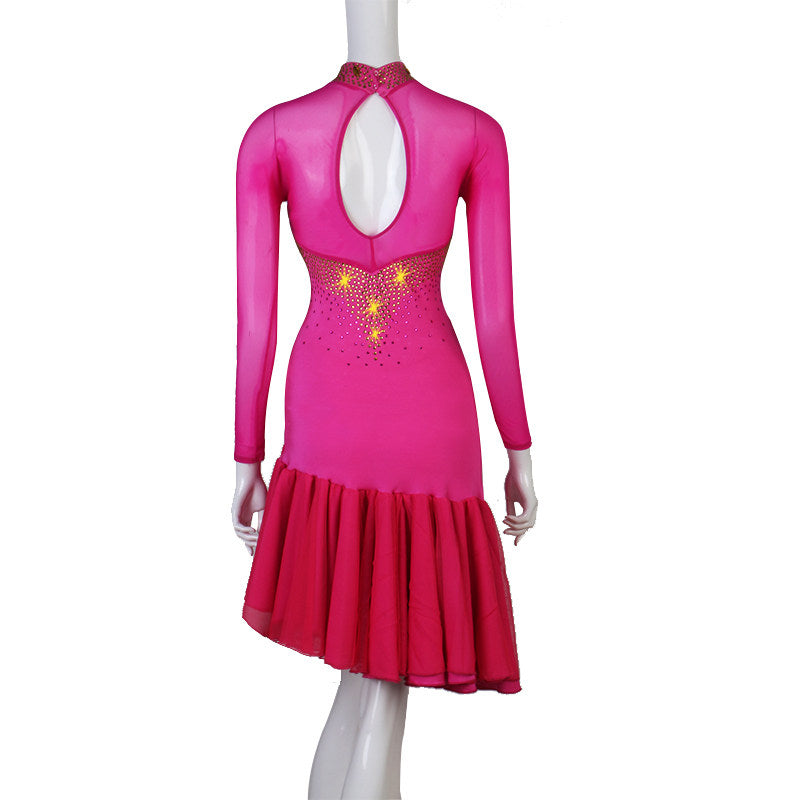 Rose red latin dance dress rear view with the keyhole back and ruffle hem