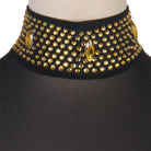 Close view of the wide gold studded collar band on mesh