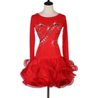 Red latin dance dress with crystal heart swirl motif and deep organza ruffle skirt