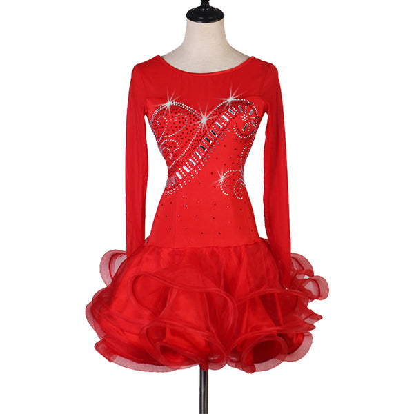 Red latin dance dress with crystal heart swirl motif and deep organza ruffle skirt