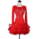 Red latin dance dress angled view showing the long sleeves and crystal swirl