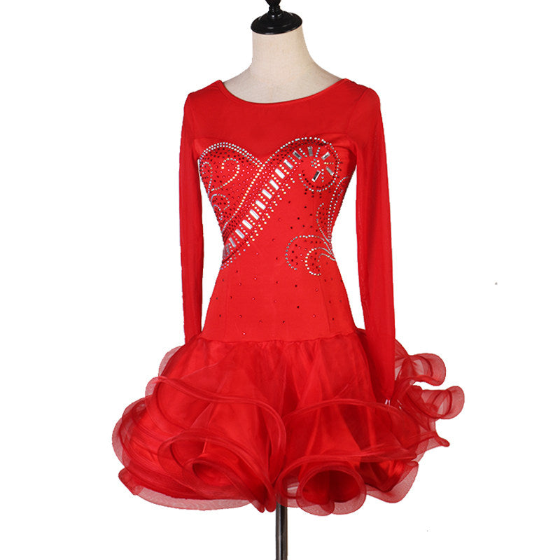 Red latin dance dress side view with the curled organza layers