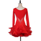 Red latin dance dress rear view showing the low back and ruffle skirt