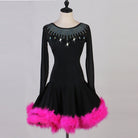Black latin dance dress with crystal neckline band and pink marabou feather hem