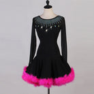 Black feather hem latin dance dress side view with the feathers lifting
