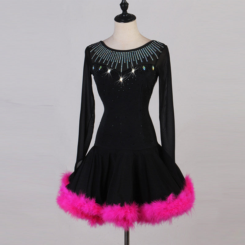 Black feather hem latin dance dress side view with the feathers lifting