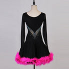 Black feather hem latin dance dress rear view showing the low stoned back