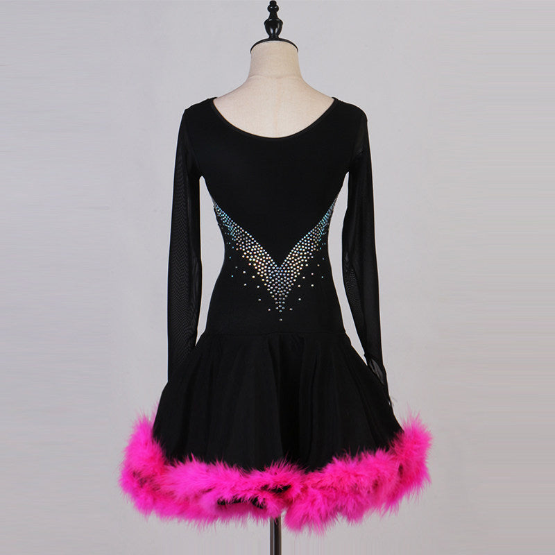 Black feather hem latin dance dress rear view showing the low stoned back