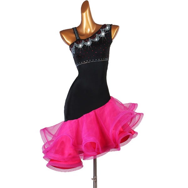 Black latin dance dress with crystal packed shoulder and rose organza ruffle hem