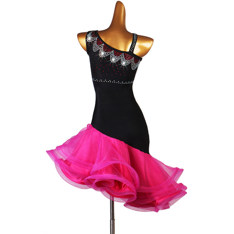 Black latin dance dress side view showing the rose organza layers