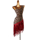 Leopard print latin dance dress with red sequin fringe on a diagonal hem