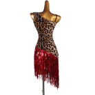 Leopard print latin dance dress front view showing the asymmetric straps