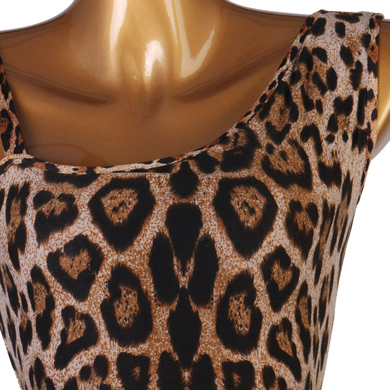 Leopard print latin dance dress bodice detail with the scooped neckline
