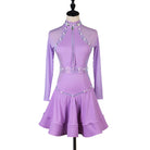 Lilac latin dance dress with vertical pearl trim and keyhole high collar