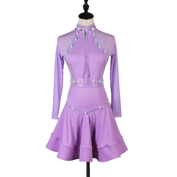 Lilac latin dance dress with vertical pearl trim and keyhole high collar