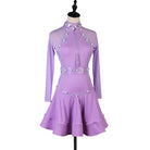 Lilac pearl trim latin dance dress angled view showing the double layer hem