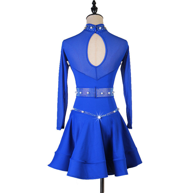 Blue latin dance dress with pearl trim lines and keyhole collar