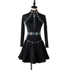 Black latin dance dress with vertical pearl trim and double layered hem