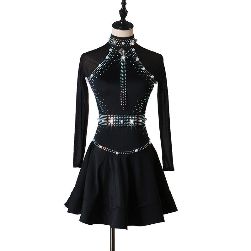 Black latin dance dress with vertical pearl trim and double layered hem