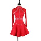 Red latin dance dress with pearl trim lines down the bodice