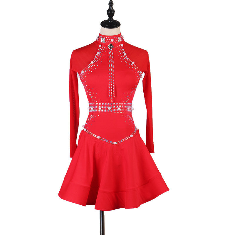 Red latin dance dress with pearl trim lines down the bodice