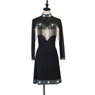 Black latin dance dress with silver bead fringe V and stone studded hem band