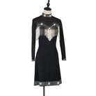 Black bead fringe latin dance dress angled view showing the stoned collar
