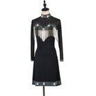 Black bead fringe latin dance dress side view with the studded hem
