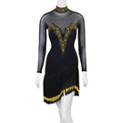 Black latin dance dress with gold crystal panel under a sheer yoke and banded fringe